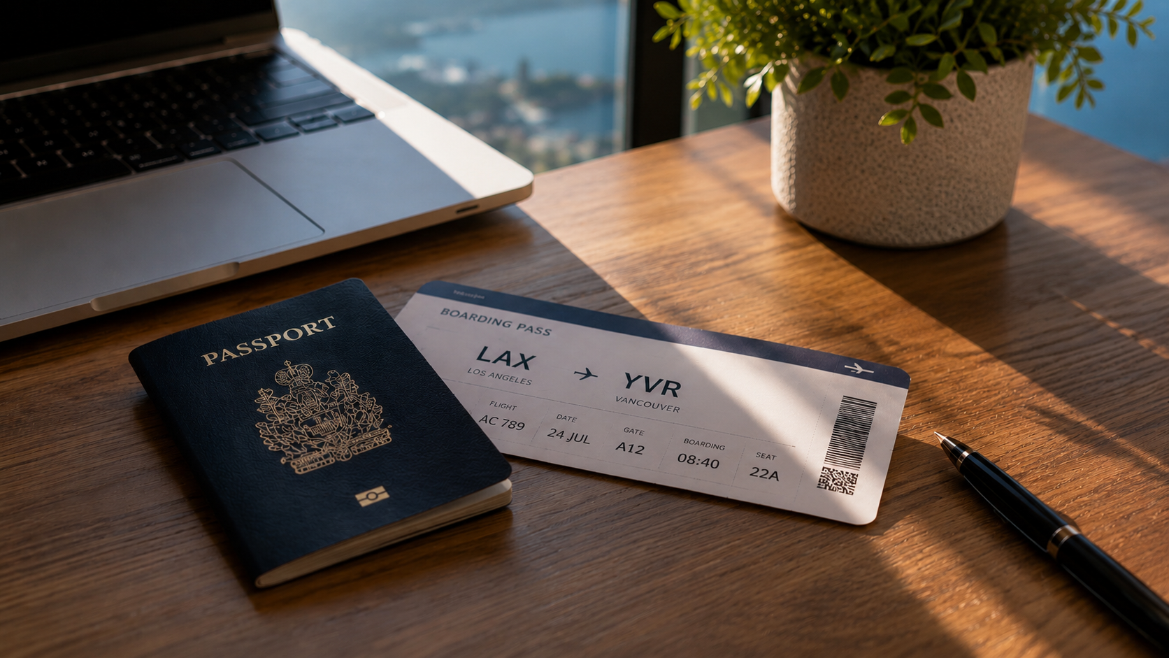 Passport and boarding pass for a study permit journey to Canada